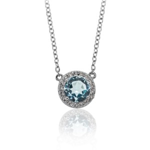 Blue Topaz CZ Halo Sterling Silver Necklace